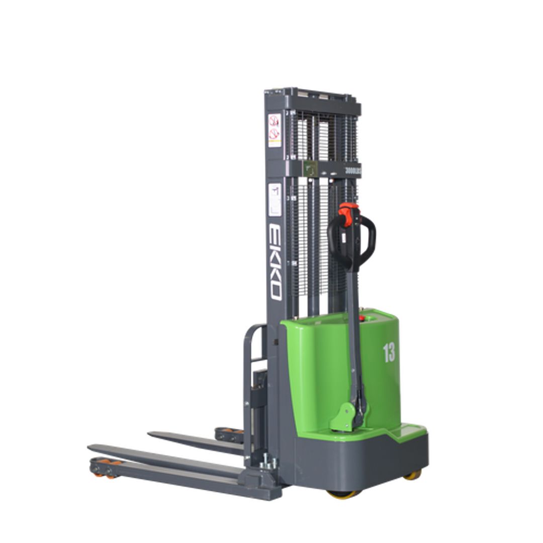 EKKO EB13C-118 lead-acid battery-powered straddle stacker for narrow-aisle pallet stacking