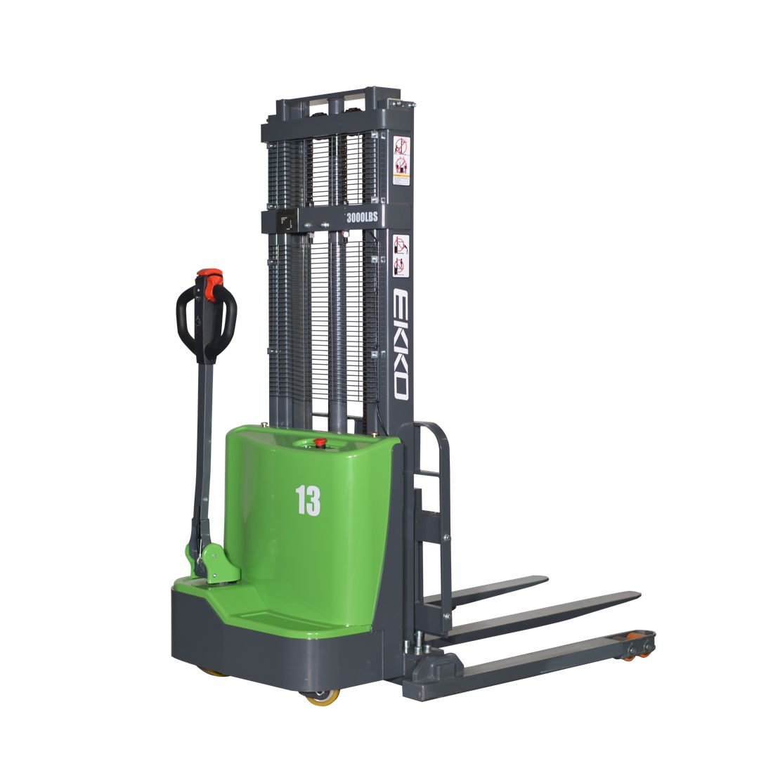 EKKO EB13C-138LI lithium-ion powered straddle stacker for narrow-aisle pallet stacking