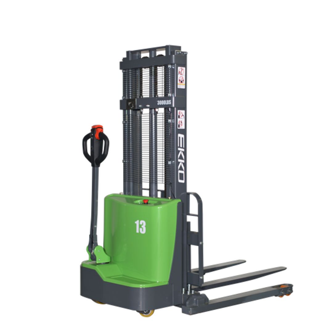EKKO EB13C-98LI lithium-ion powered straddle stacker for narrow-aisle pallet stacking