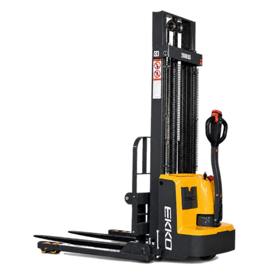 EKKO EB13E-138 lead-acid battery-powered straddle stacker for narrow-aisle pallet stacking