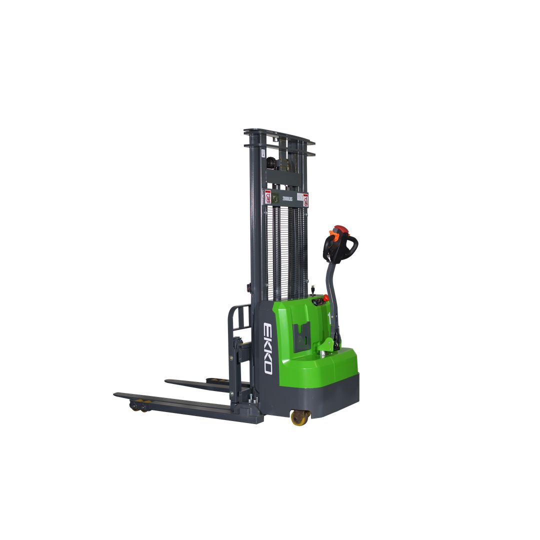 EKKO EB14CS-177LI lithium-ion powered straddle stacker for narrow-aisle pallet stacking with side-shift forks