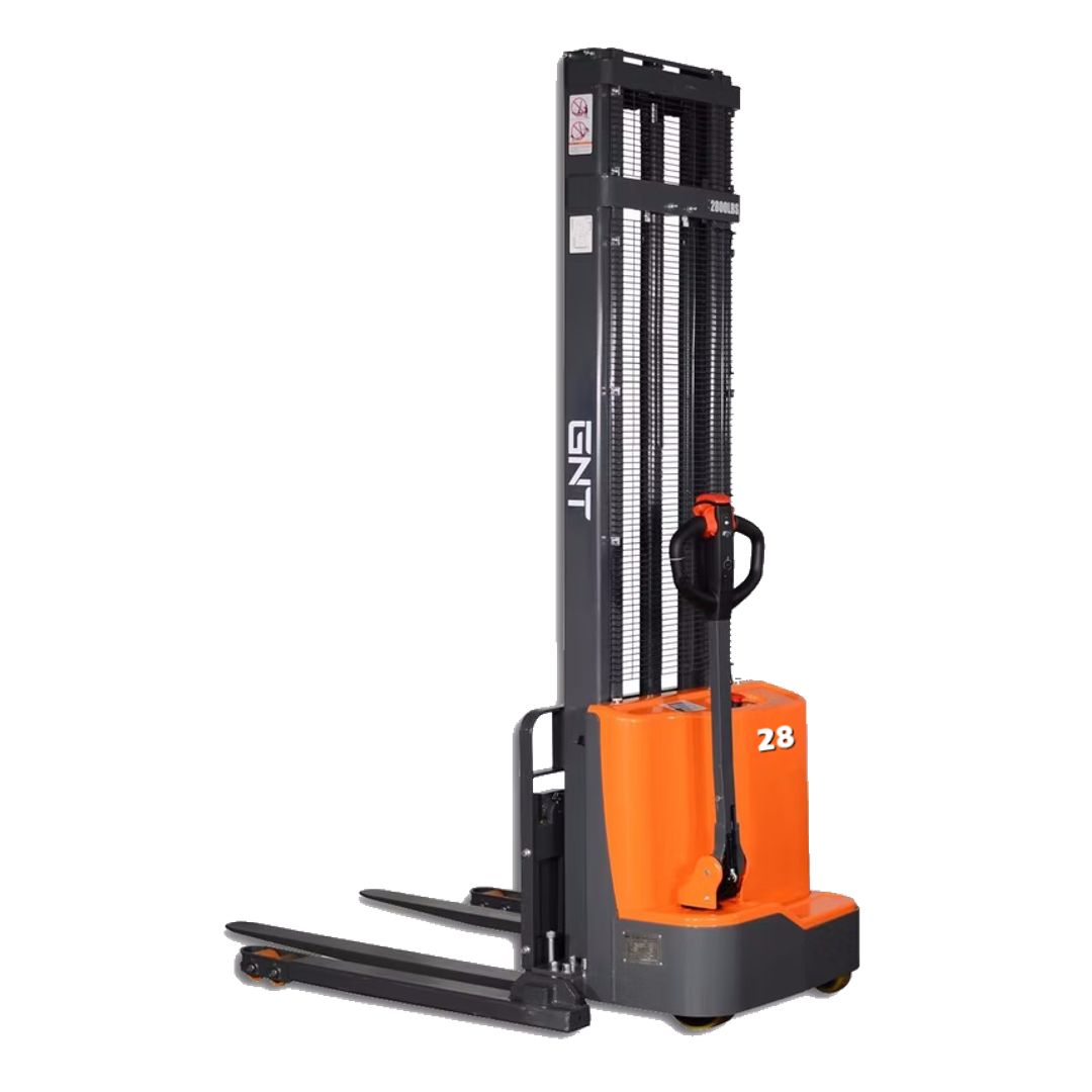 GNT G28BC-138LI Straddle Stacker, front three-quarter view showing straddle legs