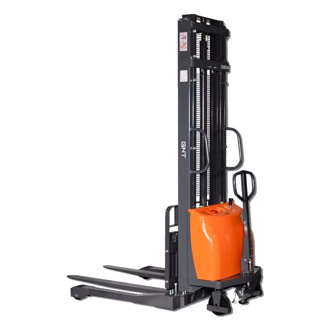 GNT G33EA-118 Semi-Electric Straddle Stacker, front/side view showing the mast and forks
