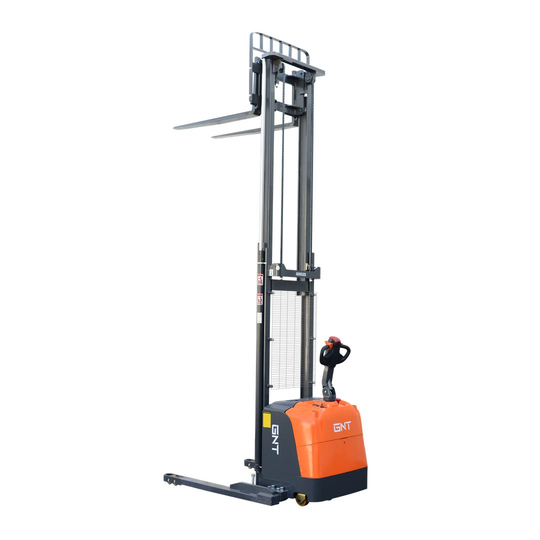GNT G40BC-138LI Straddle Stacker, angled view showing the straddle legs and control tiller