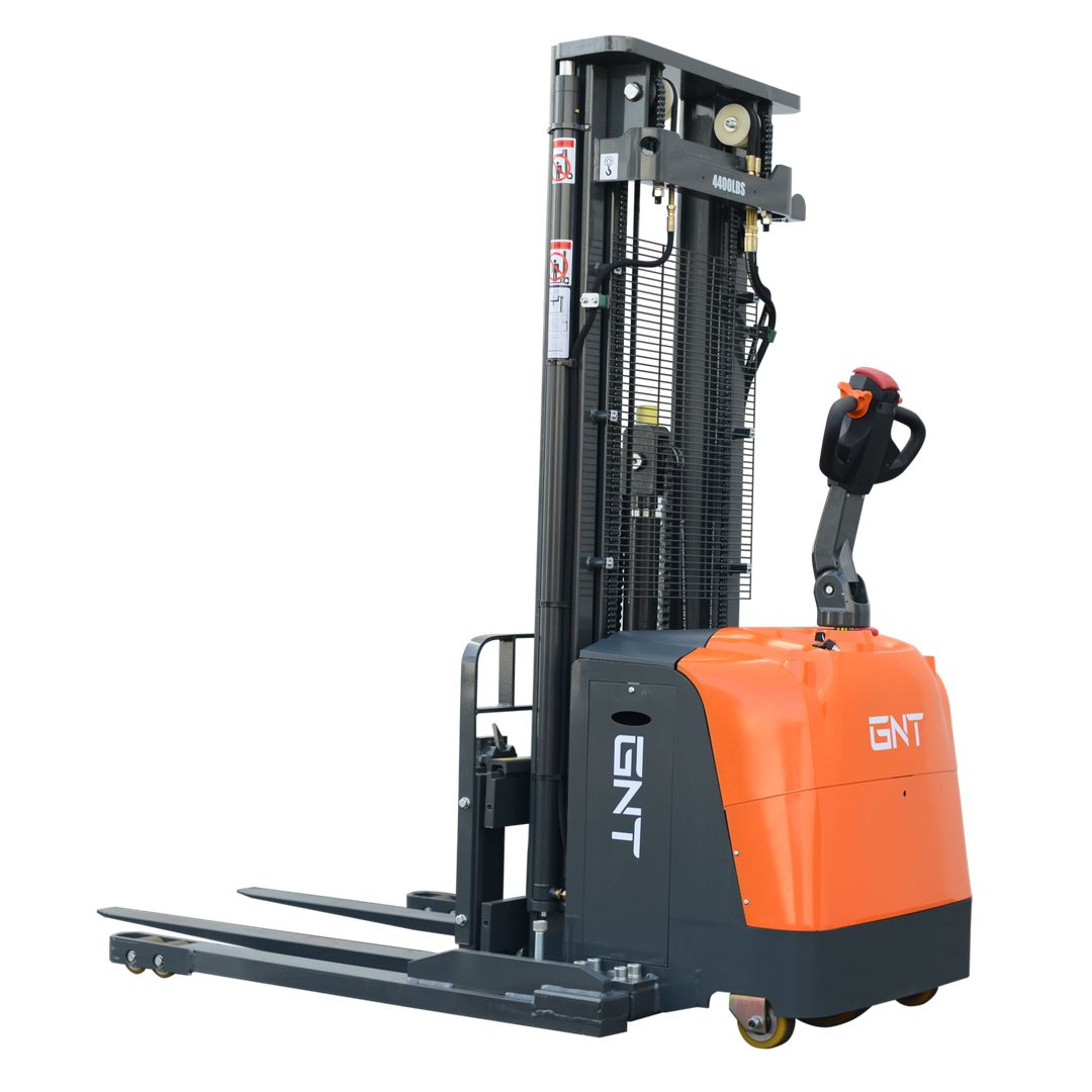 GNT G44CS-189LI Straddle Stacker, front/side view showing the mast and forks