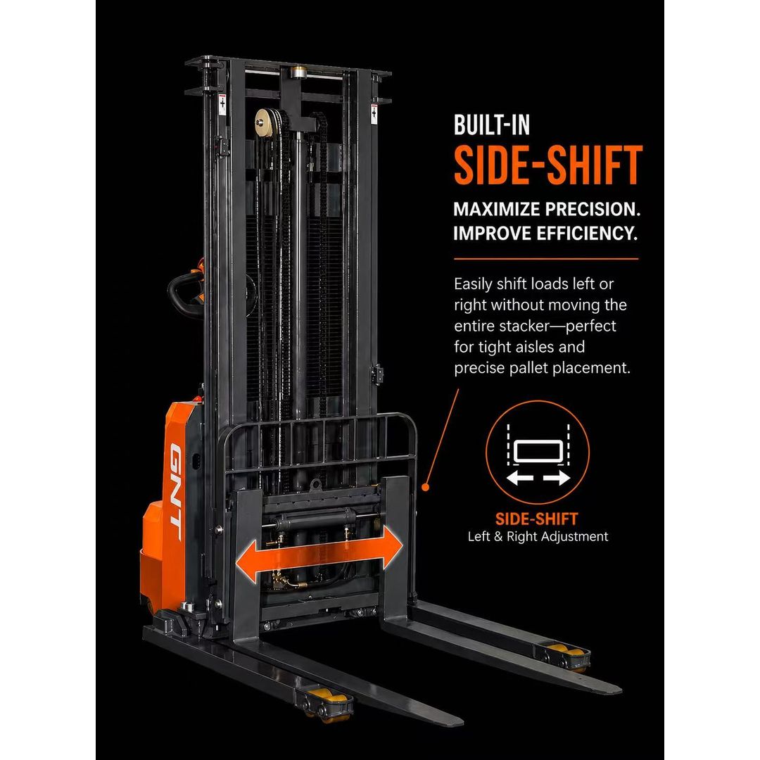 GNT GB30CS-189LI Triple-Mast Straddle Stacker with Sideshift, angled view showing the straddle legs and control tiller