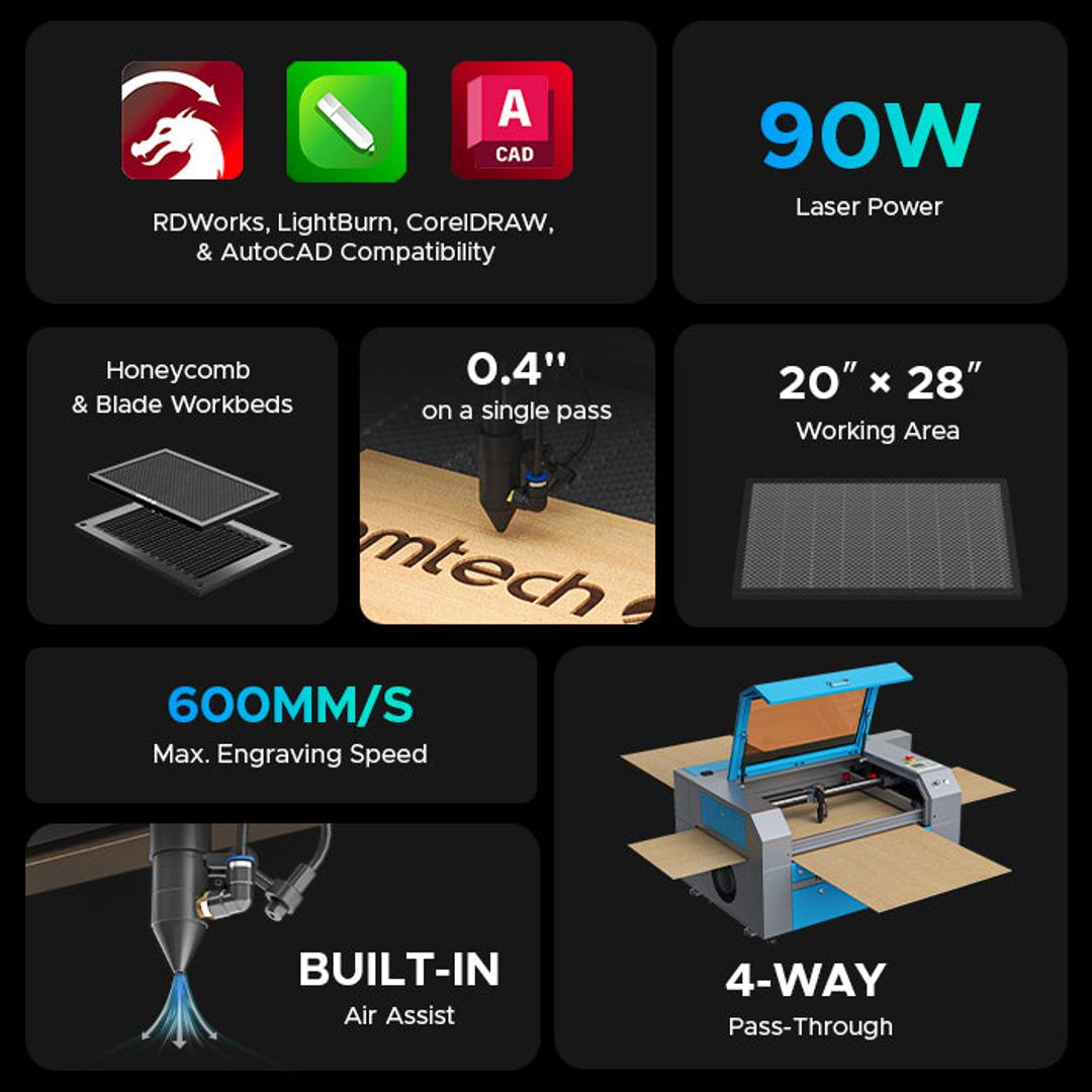 OMTech Maker 20" x 28" CO2 Laser Engraver and Cutter - MF2028-80 (90W) (USB-5701-U2) product photo 9 of 12
