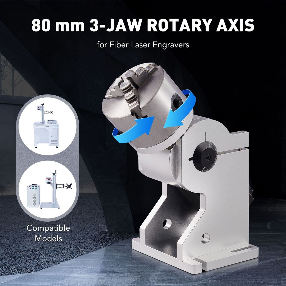 OMTech Rotary Axis Attachment for Fiber Laser Engravers - 80mm 3-Jaw Rotary Axis (LRA-602D-00) product photo 6 of 9