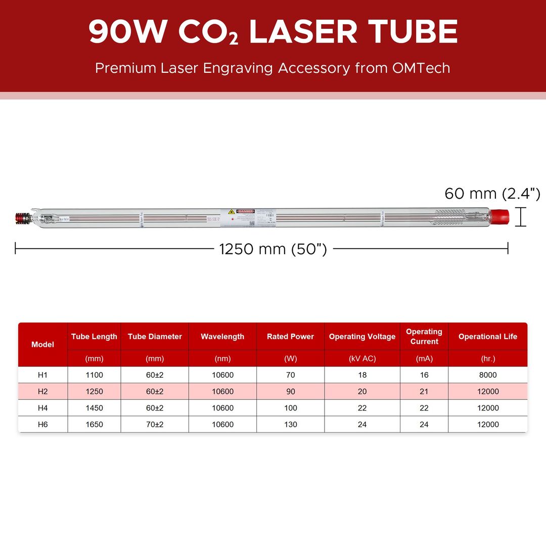 OMTech YL H Series CO2 Laser Tube - H2 90W (USB-YLH2-00) product photo 2 of 5