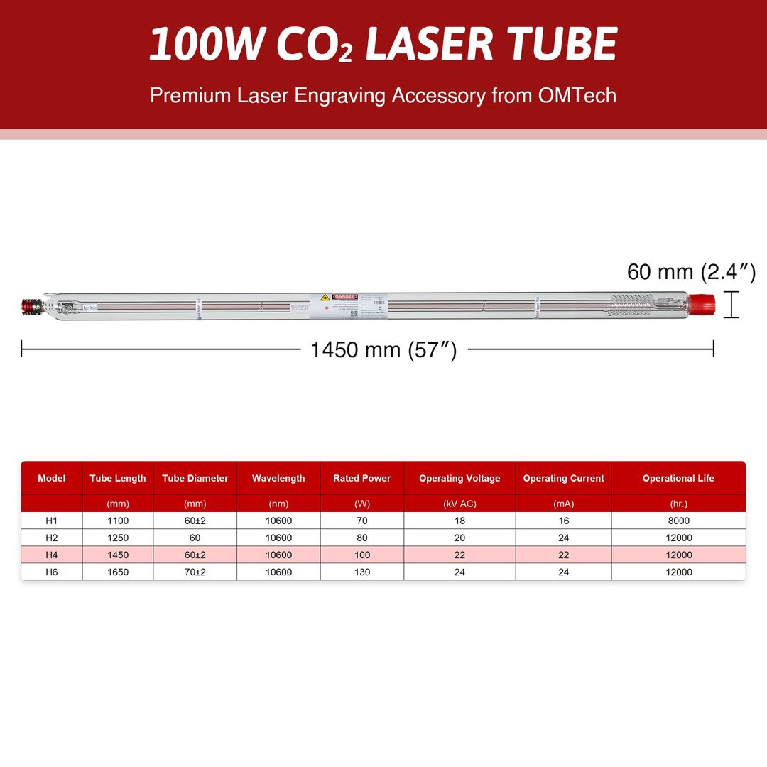 OMTech YL H Series CO2 Laser Tube - H4 100W (USB-YLH4-00) product photo 4 of 5