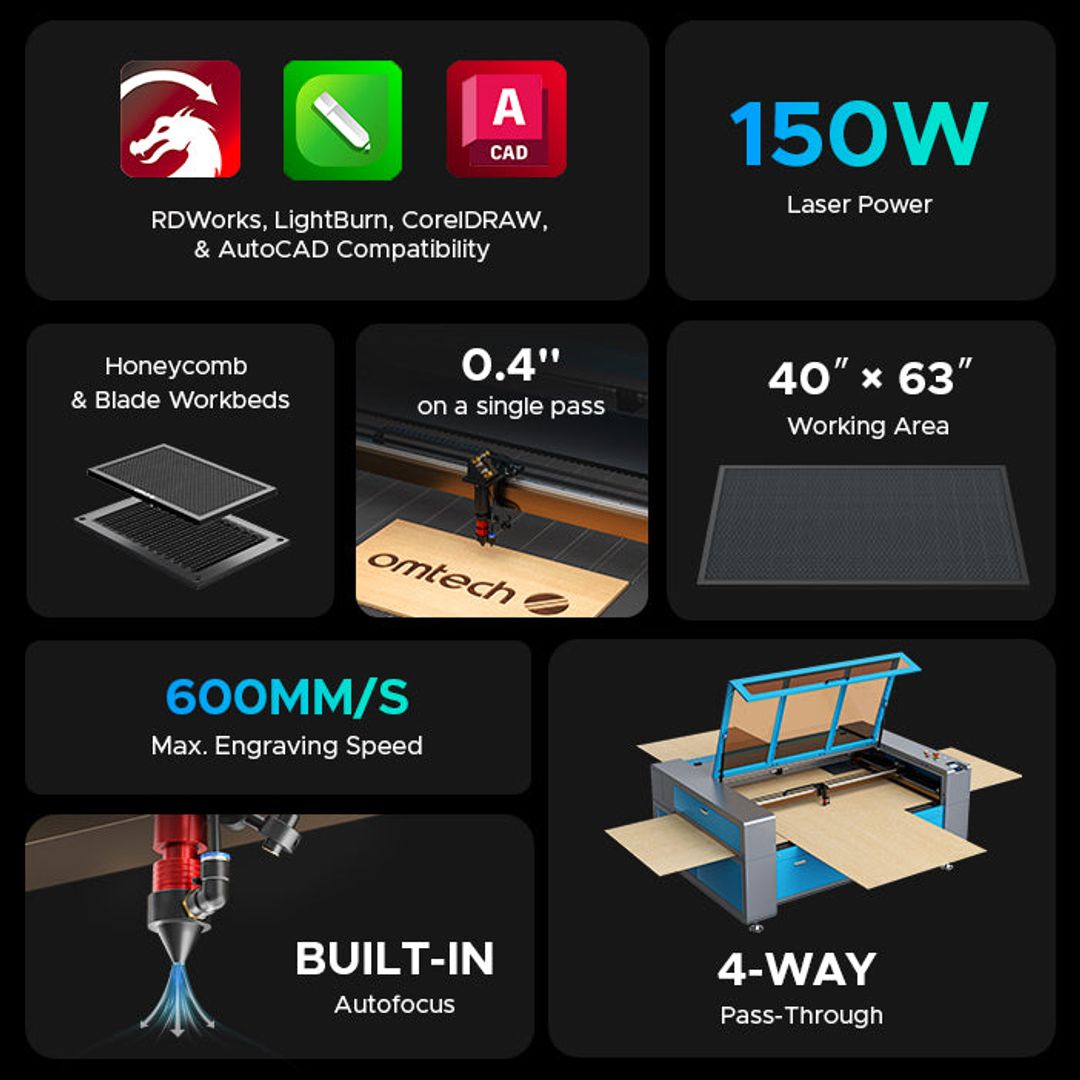 OMTech Maker AF4063-150 150W CO2 Laser Cutter and Engraver with 40" x 63" Working Area and Autofocus - USB-1610-US product photo 3 of 6
