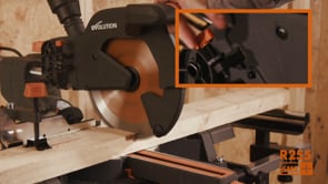 Evolution Power Tools Single Bevel Sliding Miter Saw R255SMS+ cutting wood with precision, highlighting the sliding head design for smooth, accurate cutting performance.