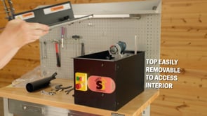Safety Speed SPM101EZ Screw Pocket Machine in operation demonstrating pocket hole drilling process