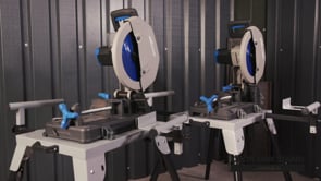 Evolution Power Tools Universal Chop Saw Stand With Telescopic Arms and Folding Legs EVOCS2 supporting a mounted chop saw for stable and accurate cutting performance.