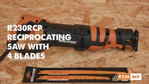 Evolution Power Tools Reciprocating Saw with 4 Blades R230RCP cutting through timber with high-performance reciprocating action and included multi-purpose blades.