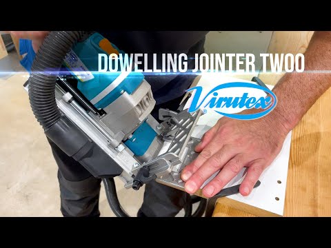 Virutex TWOO AB200 Corded Dowel Jointer (120V) 7900799 in use creating precise dowel holes on wooden board with integrated dust extraction system