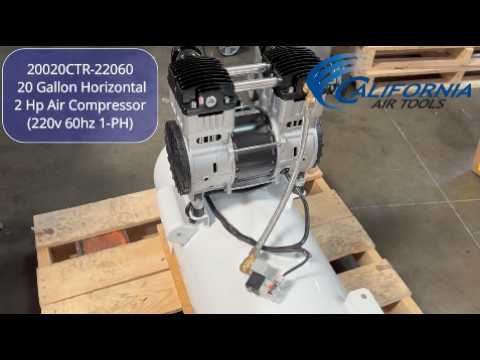 California Air Tools 20020CTR Ultra Quiet 20-Gallon Horizontal Air Compressor in operation demonstrating oil-free performance in workshop use