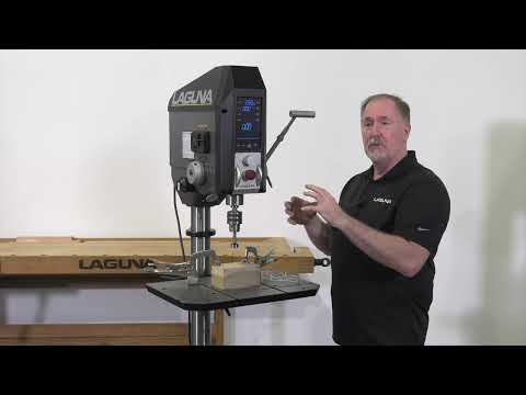Laguna DP:20 1.5 HP 110-120V Drill Press MDP20-1 operator demonstrating ergonomic handle and feed control
