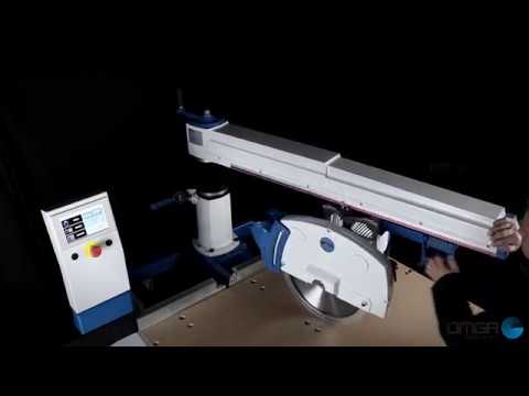 Close-up operational view of OMGA RADIAL 900/7 18" Arm Saw featuring precision control system and industrial cutting assembly.
