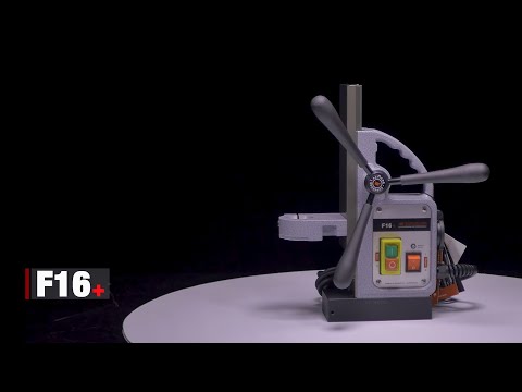 Euroboor F16+ Magnetic Drill Stand side view showing reinforced column structure, ergonomic feed handle, and stable magnetic base for secure positioning.