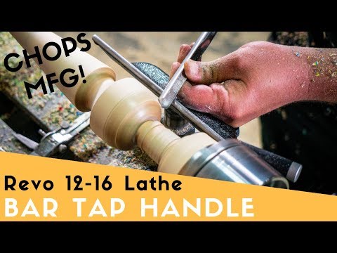 Laguna Revo 12|16 Lathe MLAREVO1216EVS in use turning a wooden handle demonstrating precision control and smooth operation