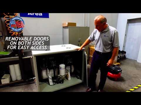 California Air Tools 20040DSPCADC Powerful 4.0 Hp Ultra Quiet & Oil-Free Air Compressor with 98% Air Drying System inside soundproof cabinet in workshop use