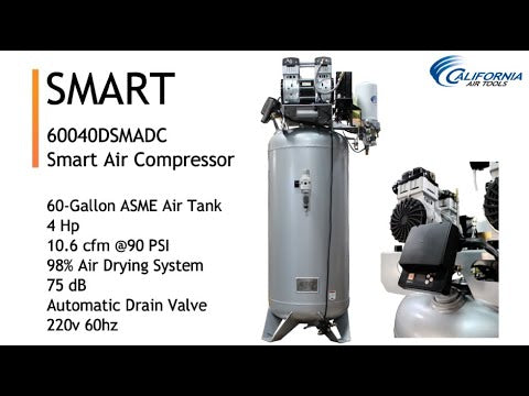 California Air Tools 60040DSMADC air compressor front view showing 60 gallon vertical tank with 4.0 HP motor and integrated SMART controller