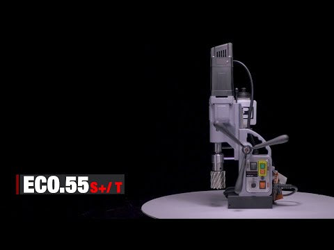 Euroboor ECO.55S+/T Magnetic Drilling Machine product display highlighting the high-performance motor housing and annular cutter setup for professional metal drilling applications