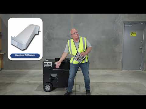 Flagro Direct Fired Tent Heater THC-355CDF industrial dual fuel heater with wheeled frame, control panel, and coiled hose for high-capacity tent and construction heating.