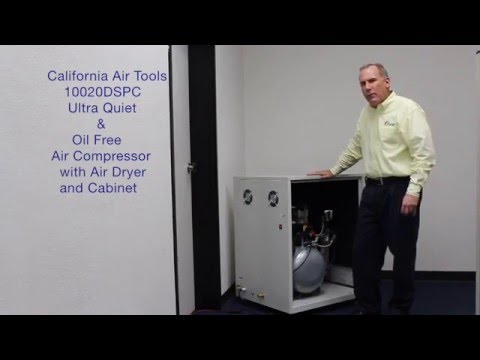 California Air Tools 10020DSPCAD 10-Gallon 2.0 Hp Ultra Quiet Oil-Free Air Compressor demonstration setup in workshop environment