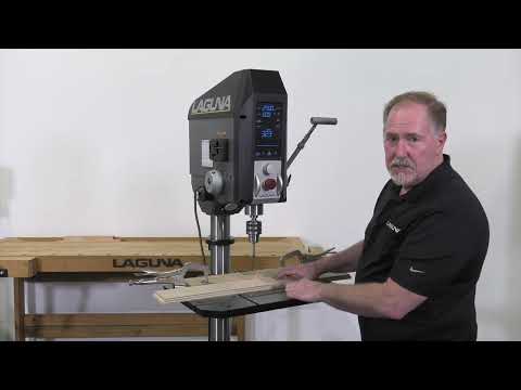 Laguna DP:20 1.5 HP 110-120V Drill Press MDP20-1 operator demonstrating ergonomic handle and feed control