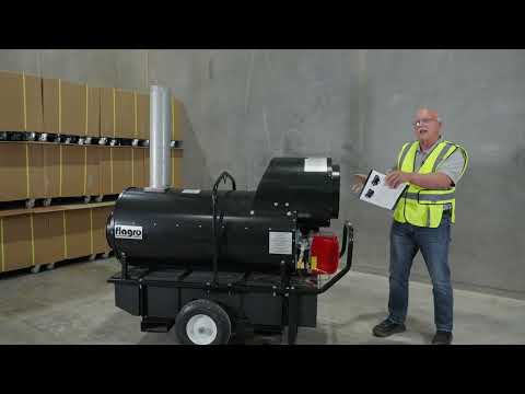 Flagro Indirect Fired Oil Heater FVO-400RC in operation on a jobsite providing clean heated air to an enclosed workspace
