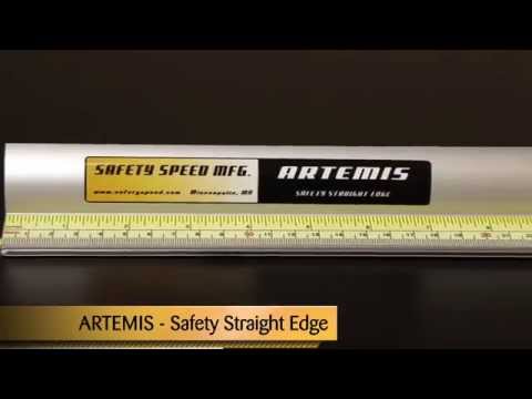 Close-up of Safetyspeed Artemis Safety Straight Edge Ruler highlighting precision measurement markings and non-slip safety edge design.