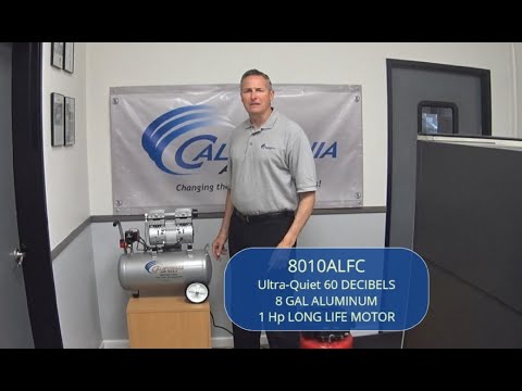 California Air Tools 8010ALFC Ultra Quiet 1.0 Hp, Oil-Free, Lightweight Aluminum 8-Gallon Air Compressor (Industrial Series) in workshop demonstration with operator