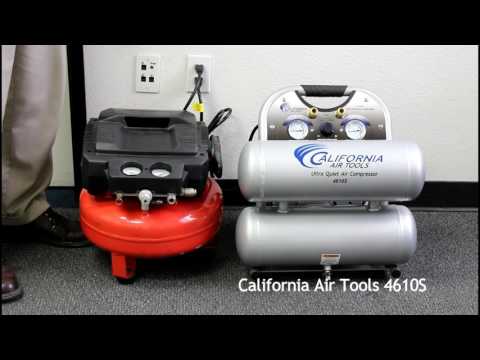 California Air Tools 4610S Ultra Quiet 1.0 Hp oil-free 4.6 gallon air compressor shown in workshop setting with compact horizontal layout