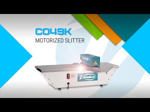 Virutex Motorized Slitter CO49K For Laminates 4900599 front view showing full machine body with precision cutting platform and control switches