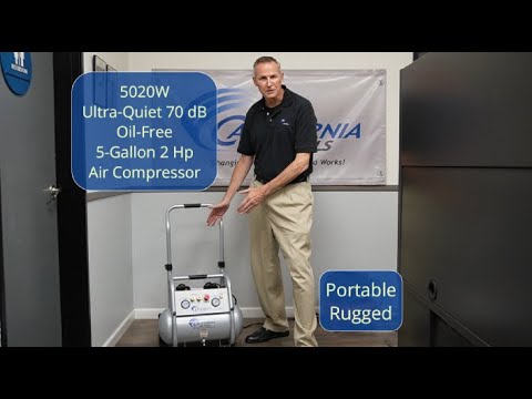 California Air Tools 5020W Powerful 2.0 Hp ultra quiet oil-free rugged 5 gallon air compressor shown in workshop environment with portable wheeled design