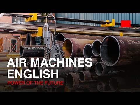 Euroboor TUBE.55/AIR Pneumatic Magnetic Drilling Machine operating on steel pipe demonstrating high-performance pneumatic drilling capability