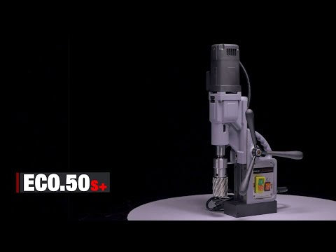 Euroboor ECO.50S+ Magnetic Drilling Machine product display highlighting the high-performance motor housing and Weldon spindle for annular cutting operations