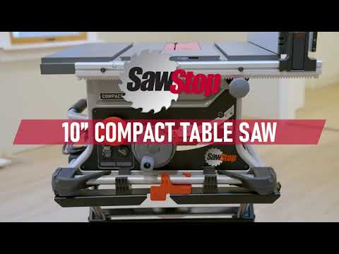 SawStop Compact Table Saw displayed with compact folding stand, highlighting portability, stability, and professional-grade cutting capabilities.