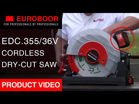 Euroboor EDC.355/36V Cordless Dry Cut Metal Saw product overview showing the portable battery-powered metal saw designed for industrial dry cutting applications