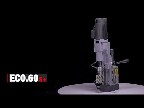 Euroboor ECO.60S+ Magnetic Drilling Machine industrial demo view showing high-performance magnetic drilling capability on steel material