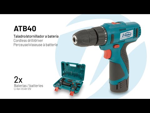 Virutex Cordless Drill Driver ATB40 displayed in product demo highlighting cordless drilling and driving performance
