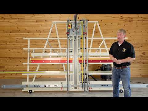 Safetyspeed SR5 Panel Saw and Router Combo in workshop demonstrating vertical panel cutting operation