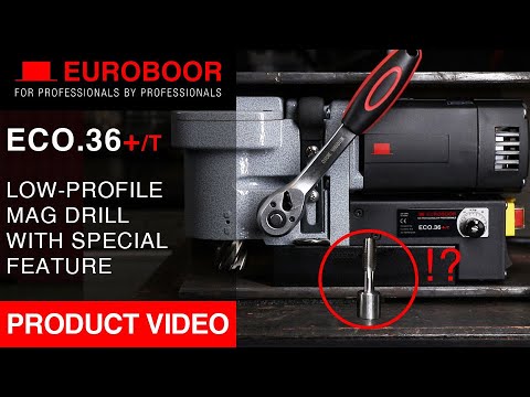 Euroboor ECO.36+/T Magnetic Drilling Machine product overview showing drilling capacity details and compact magnetic drilling configuration.