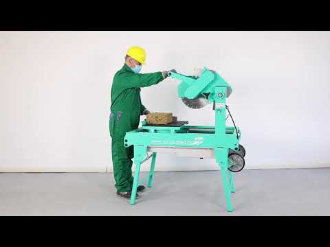 Operational view of the IMER SMART CUT 350 masonry saw demonstrating powerful wet cutting performance for professional masonry and construction jobsites