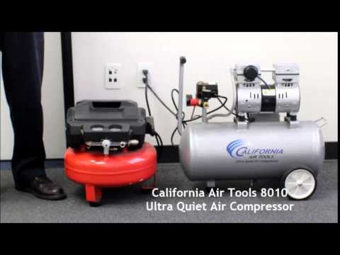 California Air Tools 8010 Ultra Quiet 1.0 Hp Oil-Free Lightweight 8-Gallon Air Compressor operating setup in garage environment