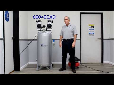 California Air Tools 60040SMAD air compressor installed in workspace demonstrating vertical stationary design
