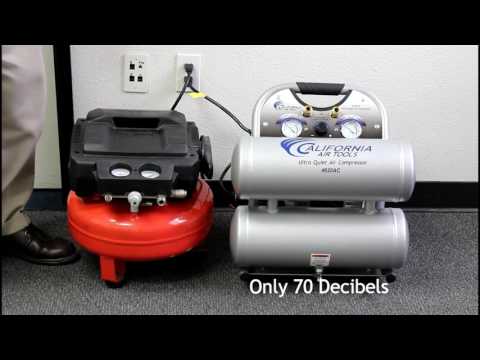 California Air Tools 4620AC Powerful 2.0 Hp ultra quiet oil-free air compressor shown in workshop environment with compact dual tank design