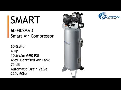 California Air Tools 60040SMAD air compressor product overview highlighting SMART control system and ultra quiet oil-free operation